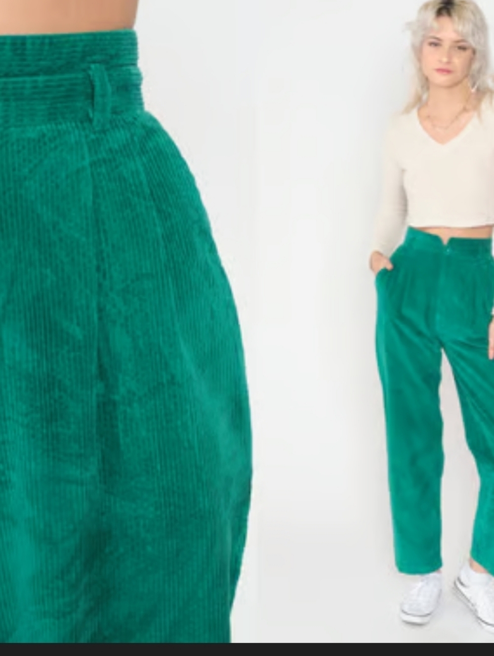 Vintage Green Cords High-Waisted Pleated Preppy Retro 80s Womens Trousers 7/8